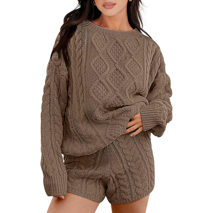 2 Piece Casual Cable Knit Sweater And Shorts Set