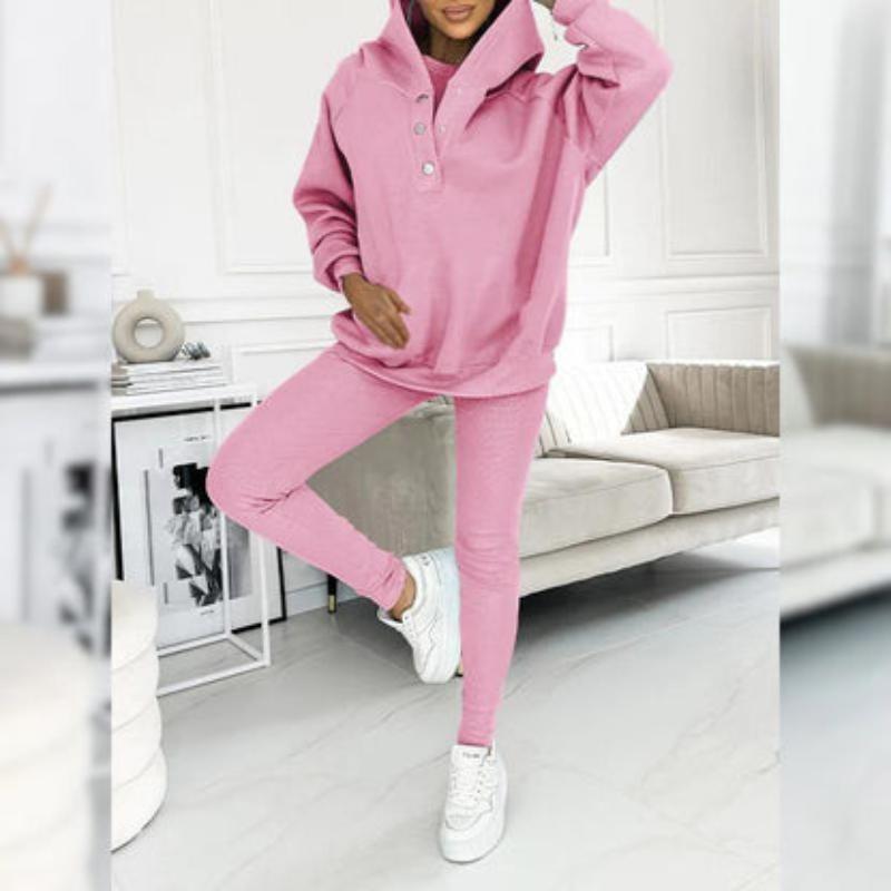 Casual Snap Buttoned Hoodie And Legging Three Piece Set