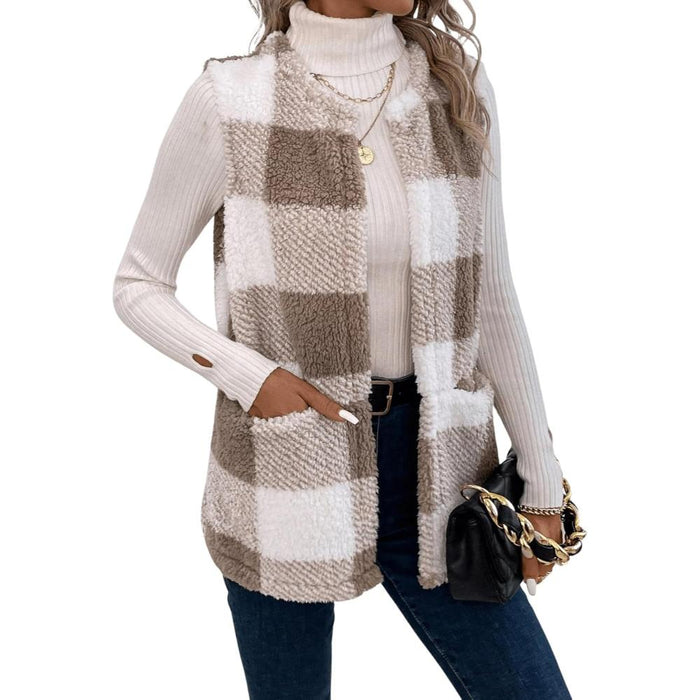 Plaid Sleeveless Open Front Jacket