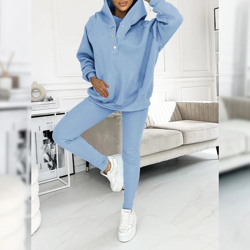 Casual Snap Buttoned Hoodie And Legging Three Piece Set