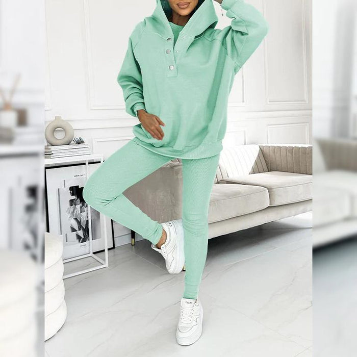 Casual Snap Buttoned Hoodie And Legging Three Piece Set