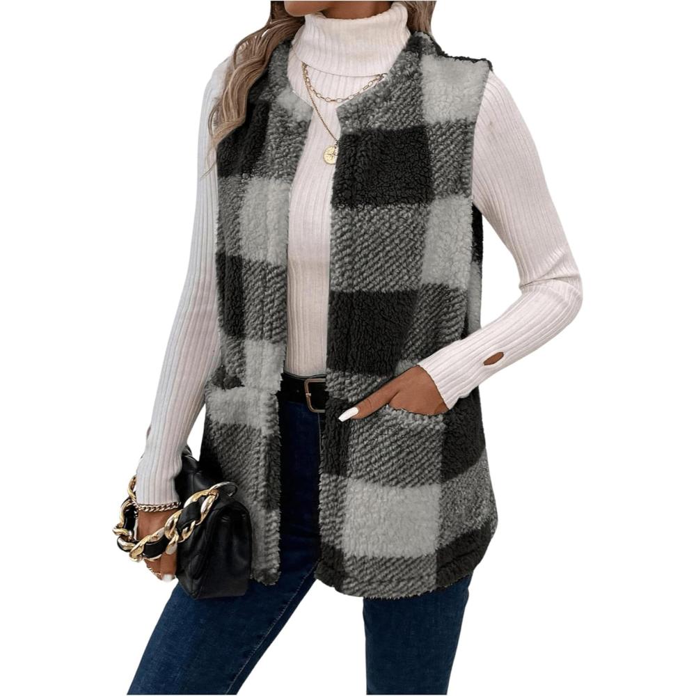 Plaid Sleeveless Open Front Jacket