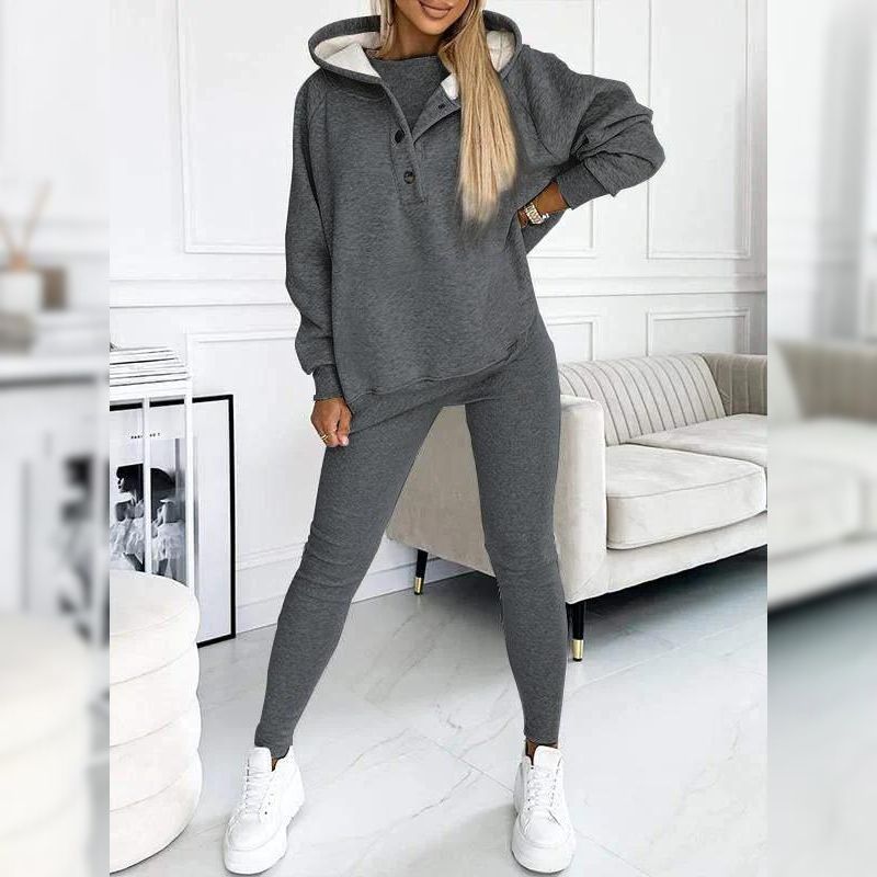 Casual Snap Buttoned Hoodie And Legging Three Piece Set