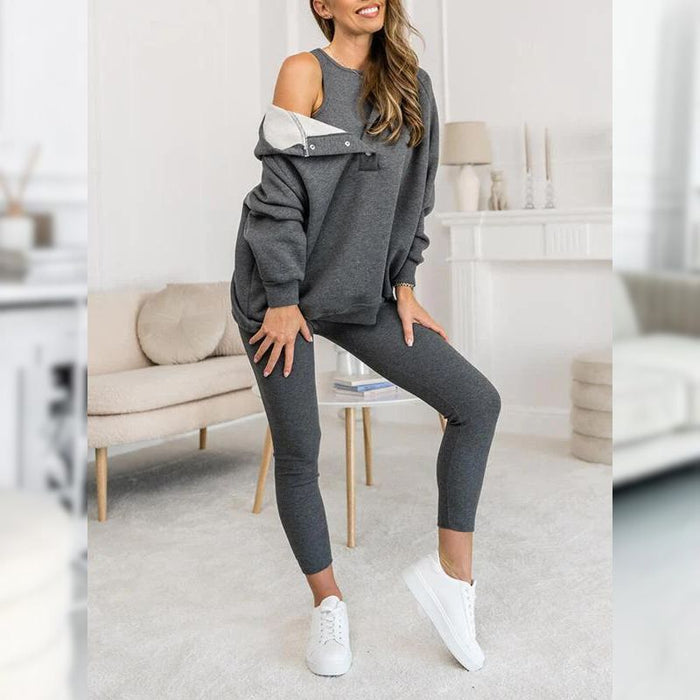 Casual Snap Buttoned Hoodie And Legging Three Piece Set