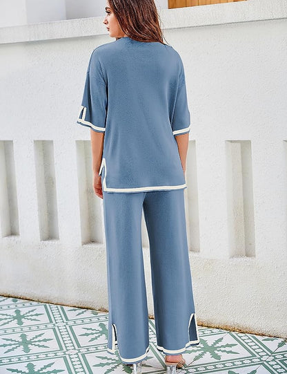 2 Piece Pullover Short Sleeve Lounge Knit Set