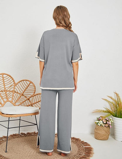 2 Piece Pullover Short Sleeve Lounge Knit Set