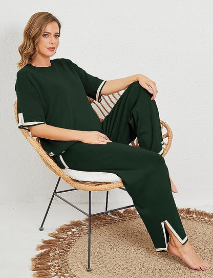 2 Piece Pullover Short Sleeve Lounge Knit Set