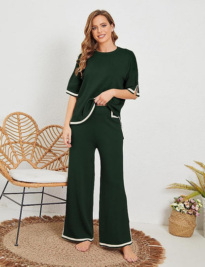 2 Piece Pullover Short Sleeve Lounge Knit Set