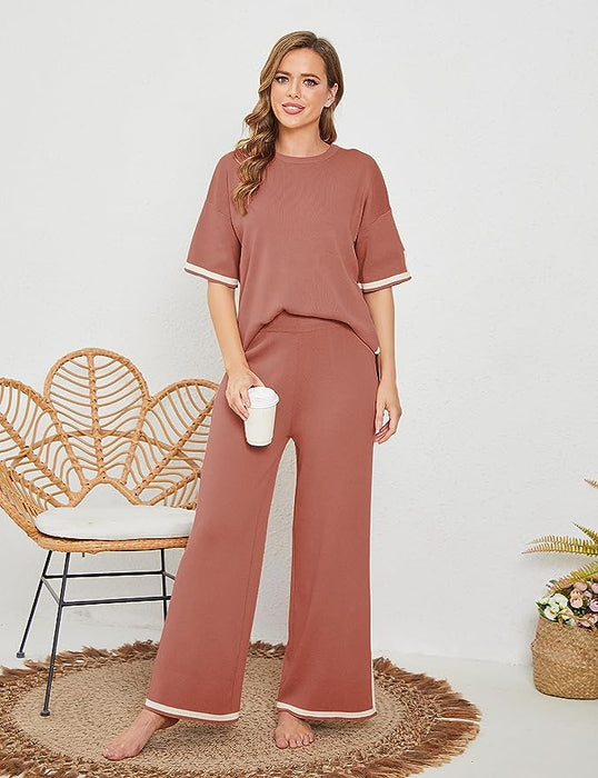 2 Piece Pullover Short Sleeve Lounge Knit Set