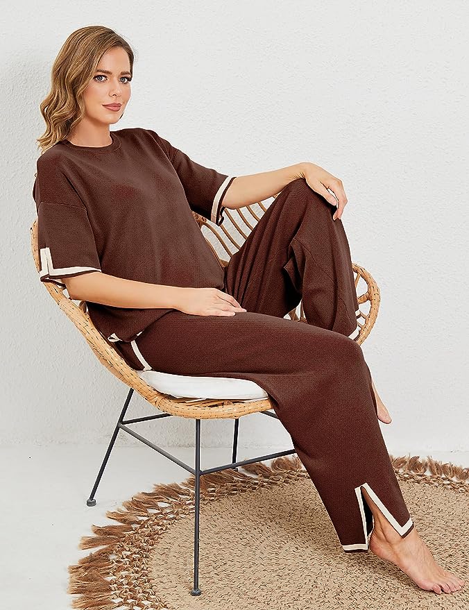 2 Piece Pullover Short Sleeve Lounge Knit Set