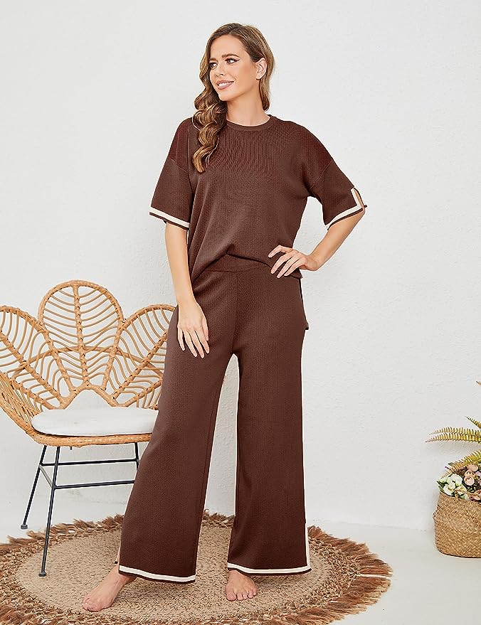 2 Piece Pullover Short Sleeve Lounge Knit Set