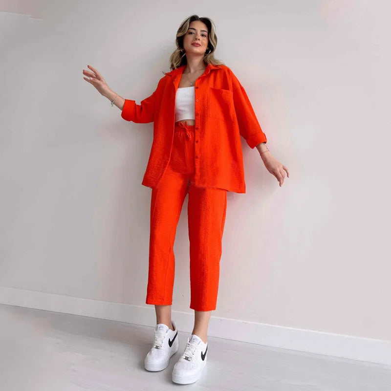 Solid Colored Long Sleeve Shirt And Trouser Co-Ord Set