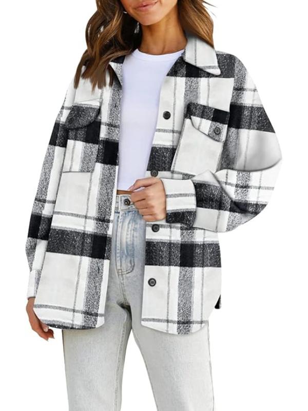 Women Plaid Pattern Button Down Jacket