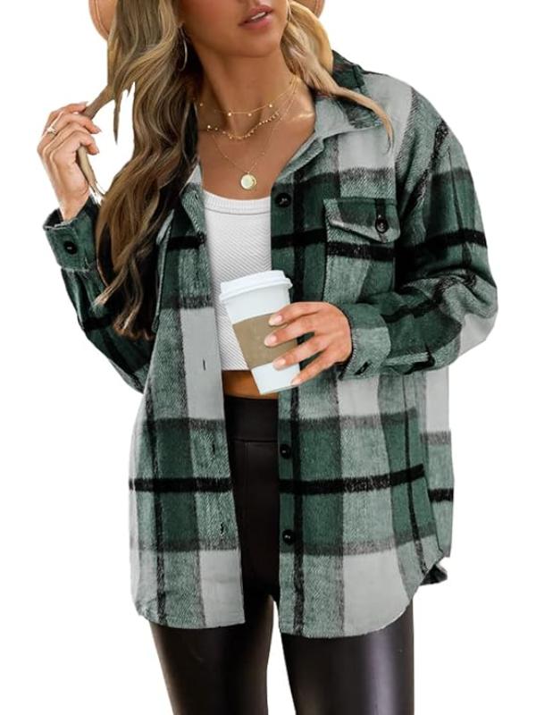 Women Plaid Pattern Button Down Jacket