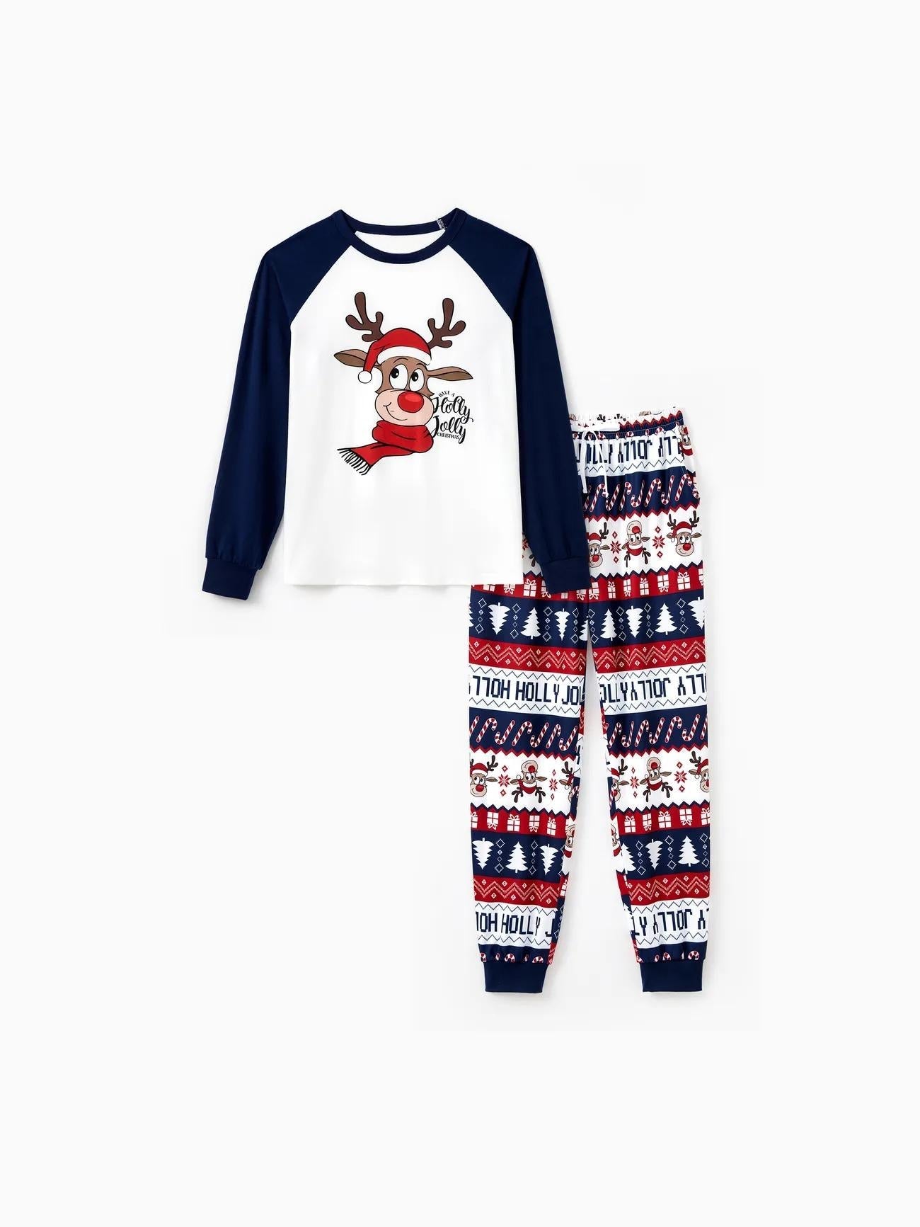 Printed Family Christmas Pajama Set With Reindeer Graphics And Pockets