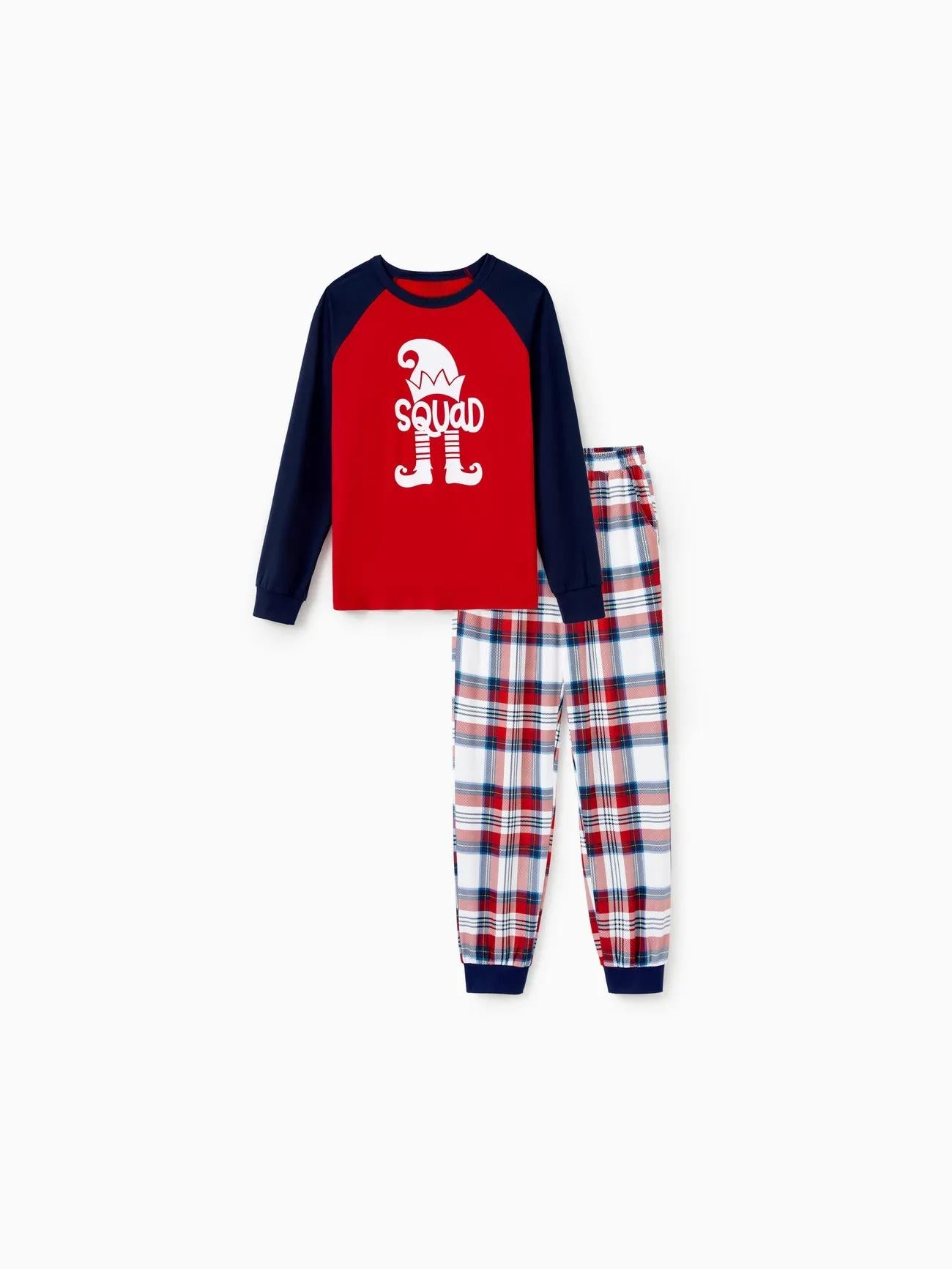 Family Christmas Printed Elf Squad Raglan Top And Plaid Pajama Set