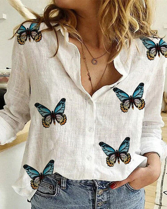 Butterfly Printed Long Sleeve Loose Tops