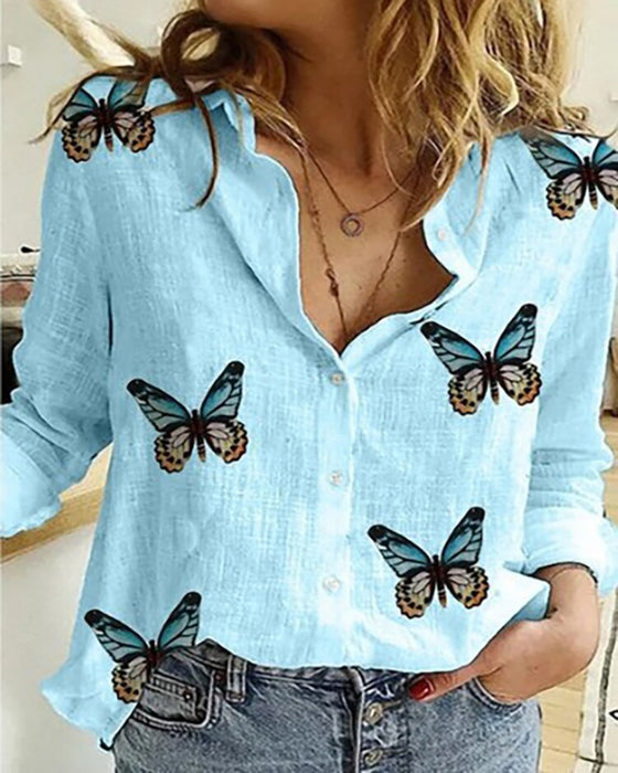 Butterfly Printed Long Sleeve Loose Tops