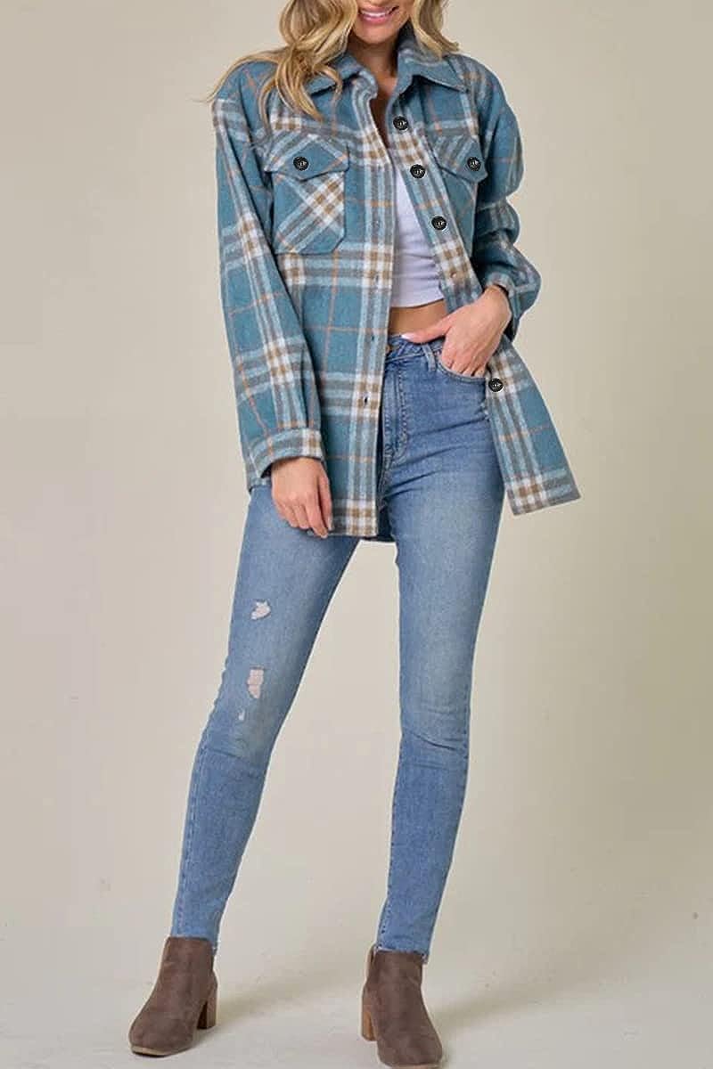 Casual Plaid Long Sleeved Button Down Shacket