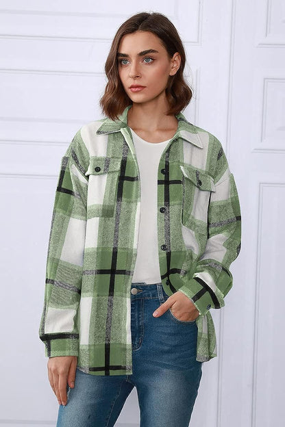 Casual Plaid Long Sleeved Button Down Shacket