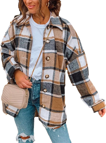 Casual Plaid Long Sleeved Button Down Shacket