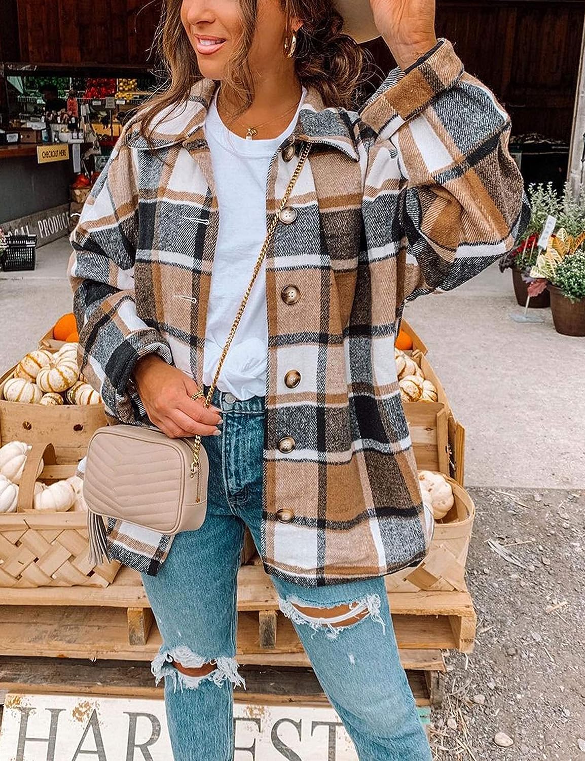 Casual Plaid Long Sleeved Button Down Shacket