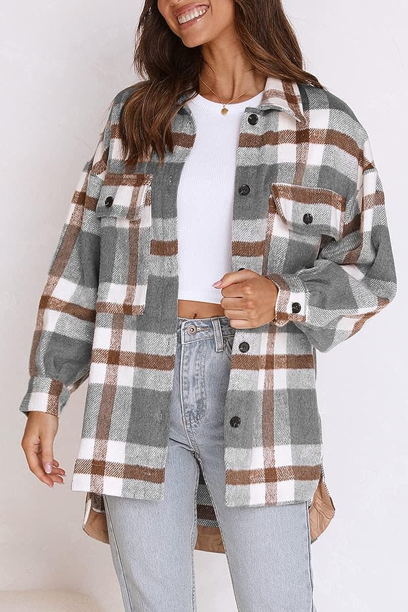 Casual Plaid Long Sleeved Shacket