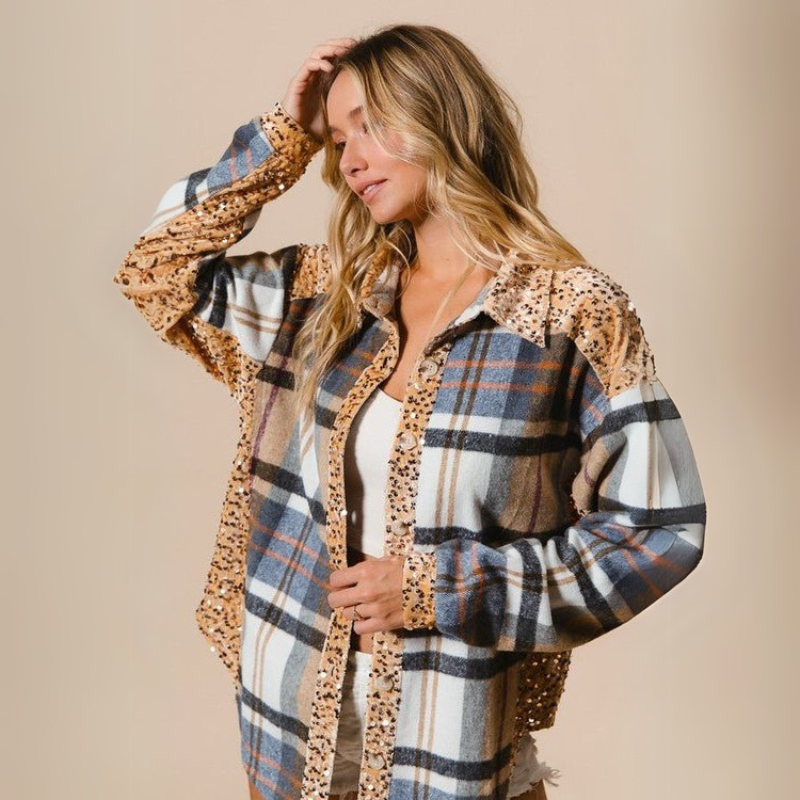 Sequined Plaid Button Up Jacket With Curved Hem