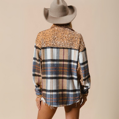 Sequined Plaid Button Up Jacket With Curved Hem