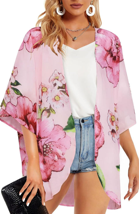 Floral Chiffon Puff Sleeve Kimono Cardigan