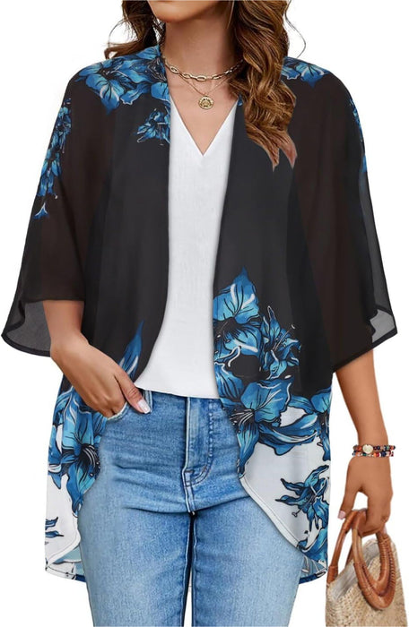 Floral Chiffon Puff Sleeve Kimono Cardigan