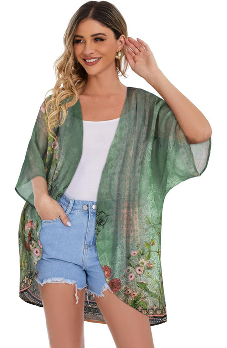 Floral Chiffon Puff Sleeve Kimono Cardigan