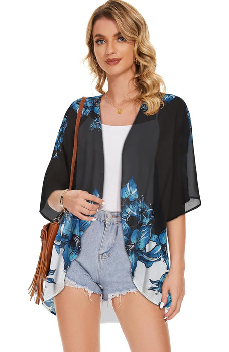 Floral Chiffon Puff Sleeve Kimono Cardigan