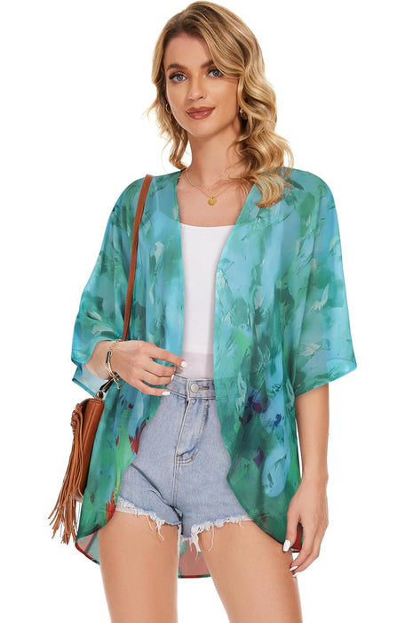 Floral Chiffon Puff Sleeve Kimono Cardigan