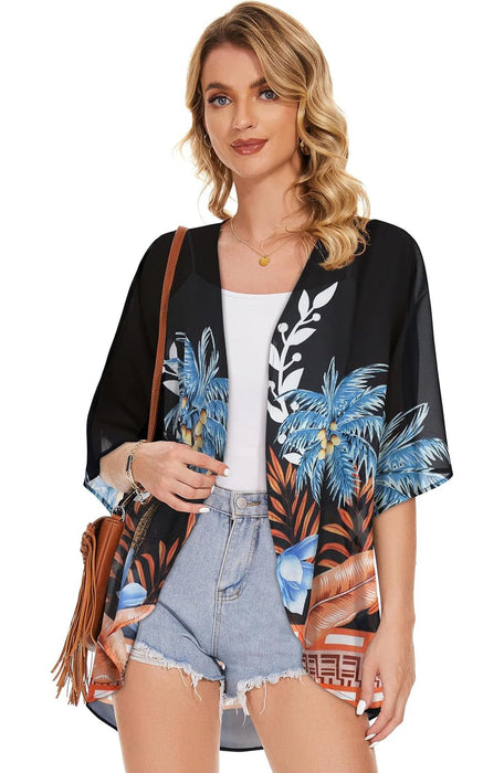 Floral Chiffon Puff Sleeve Kimono Cardigan