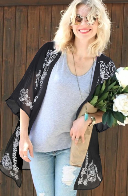 Floral Puff Sleeve Kimono Cardigan