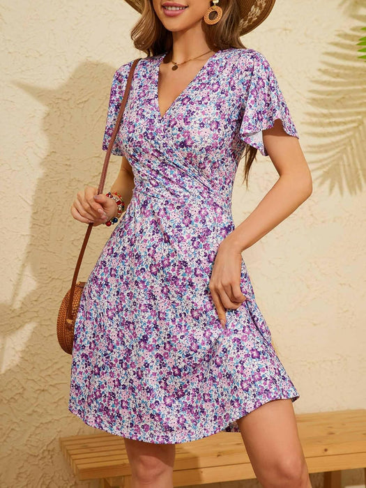 Floral Short Sleeve Wrap Midi Dress