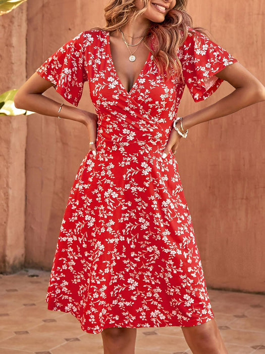 Floral Short Sleeve Wrap Midi Dress