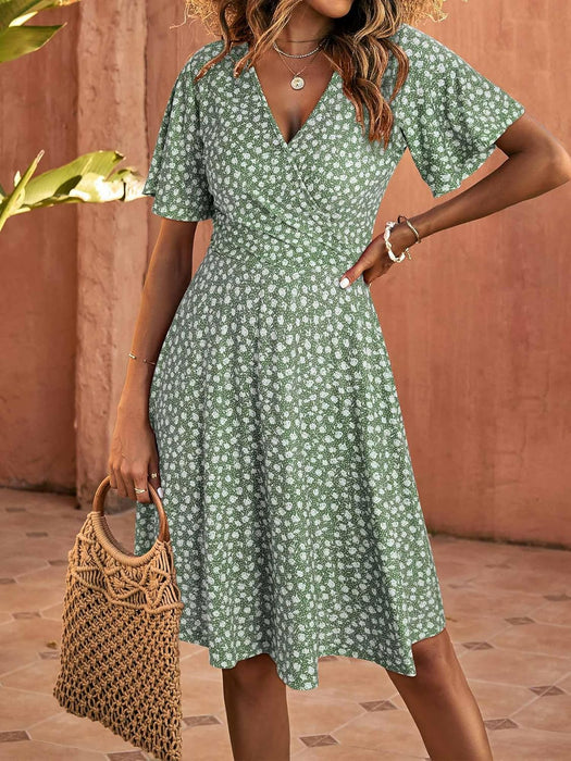 Floral Short Sleeve Wrap Midi Dress