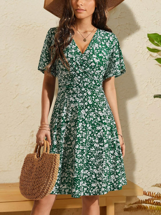 Floral Short Sleeve Wrap Midi Dress