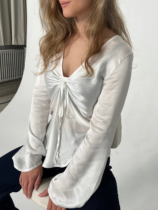 Satin Blouse With Tie Front And Wide Sleeves