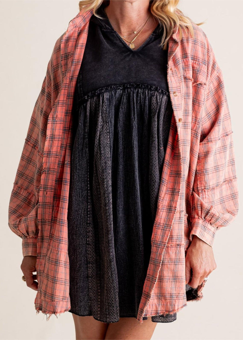 Raw Edge Oversized Washed Shirt Jacket With Pockets