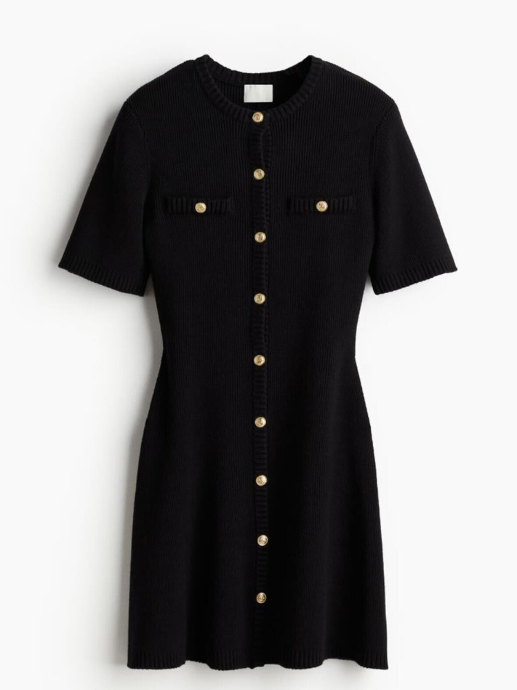 Ribbed Knit Button-Front Dress