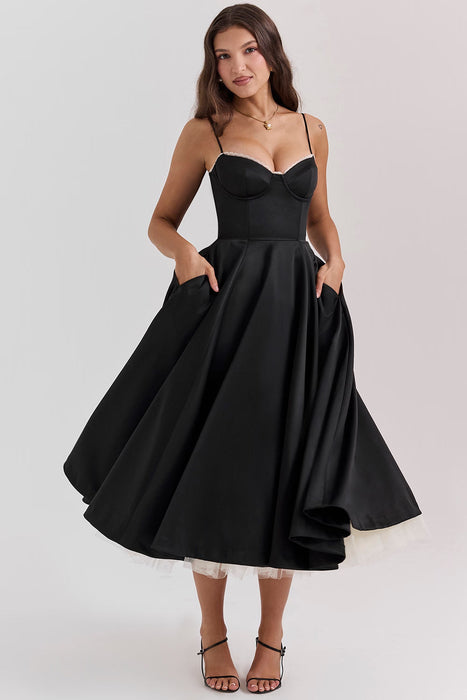 Sweetheart Neckline Cinched Waist A Line Midi Dress