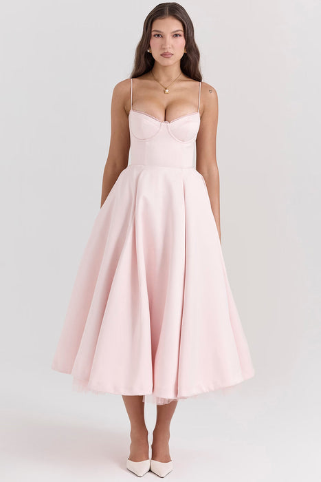 Sweetheart Neckline Cinched Waist A Line Midi Dress