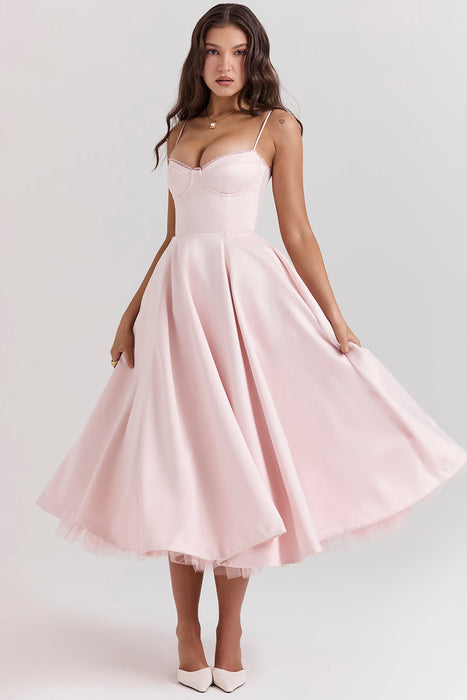 Sweetheart Neckline Cinched Waist A Line Midi Dress