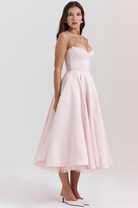 Sweetheart Neckline Cinched Waist A Line Midi Dress