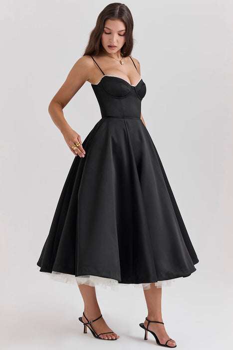 Sweetheart Neckline Cinched Waist A Line Midi Dress