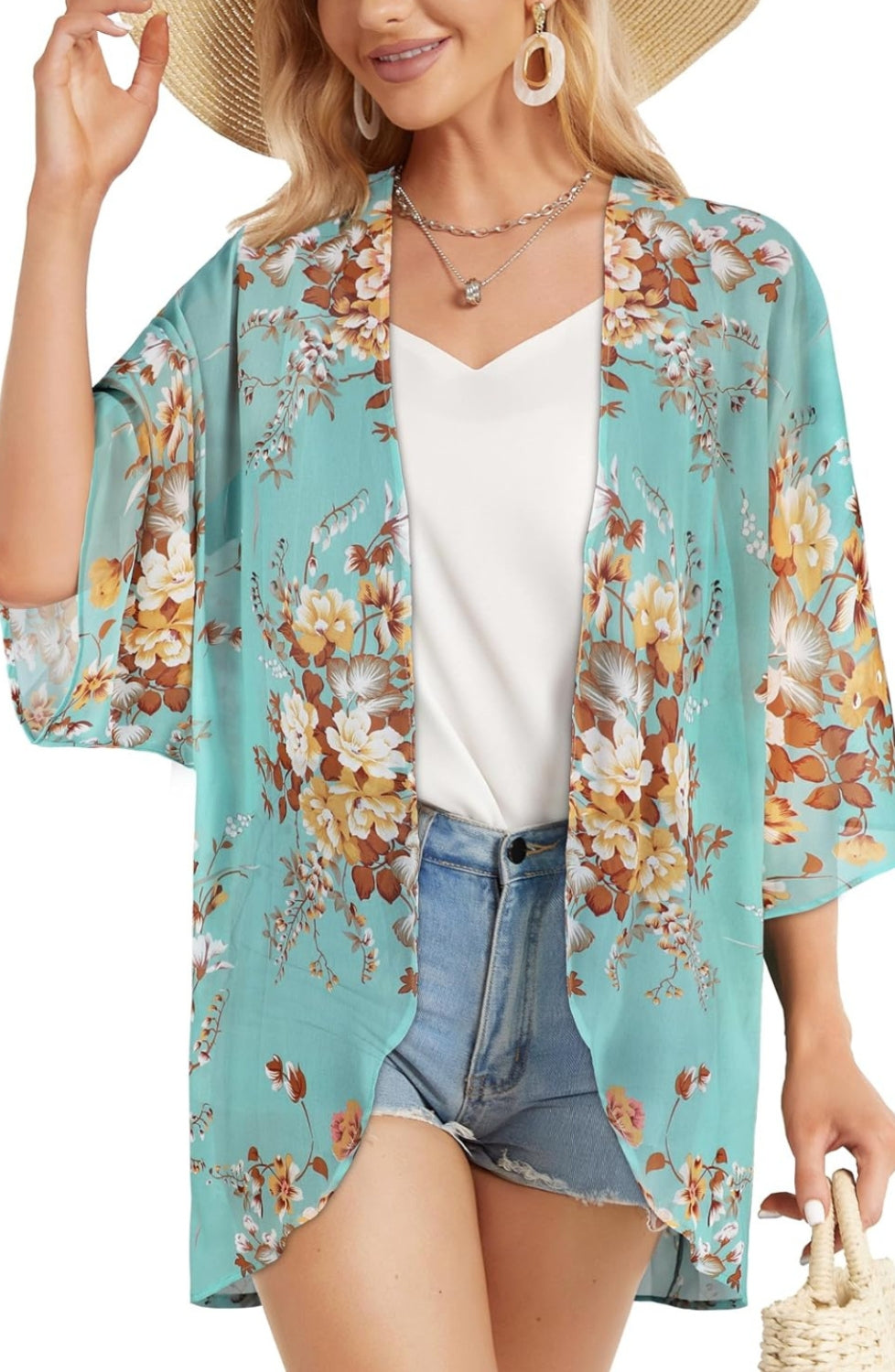 Women Floral Puff Sleeve Kimono Cardigan