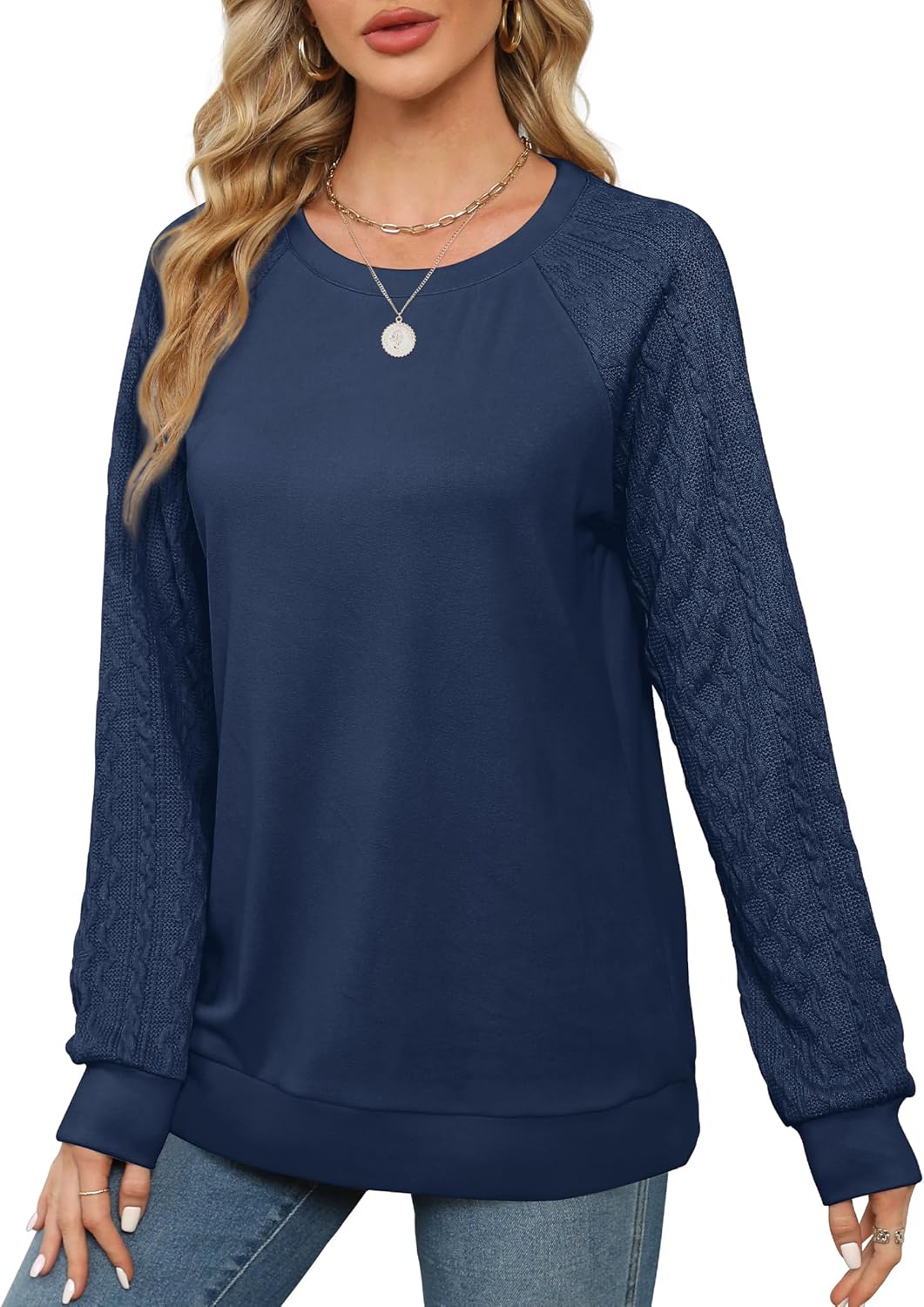 Women Crewneck Cable Knit Sweatshirt